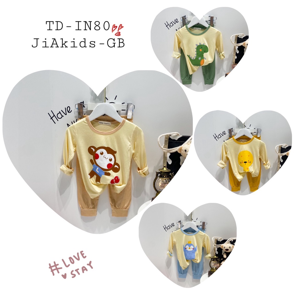 Bộ Dài Tay THUN LẠNH MINKY MOM In Thân Áo Phối Màu Viền Quần Cho Bé TD-IN80