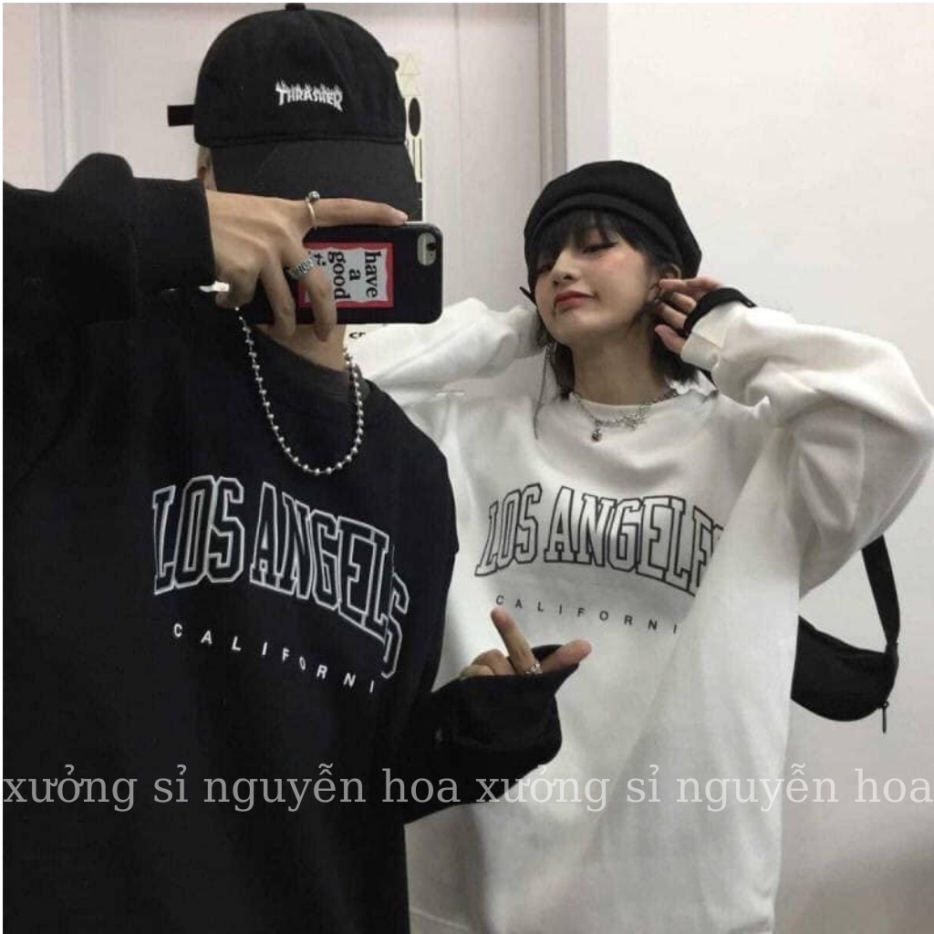 Áo sweater nỉ Los angeles dài tay dáng thụng unisex nam nữ mặc được 3 màu xanh rêu đen xám Xưởng Sỉ Nguyễn Hoa