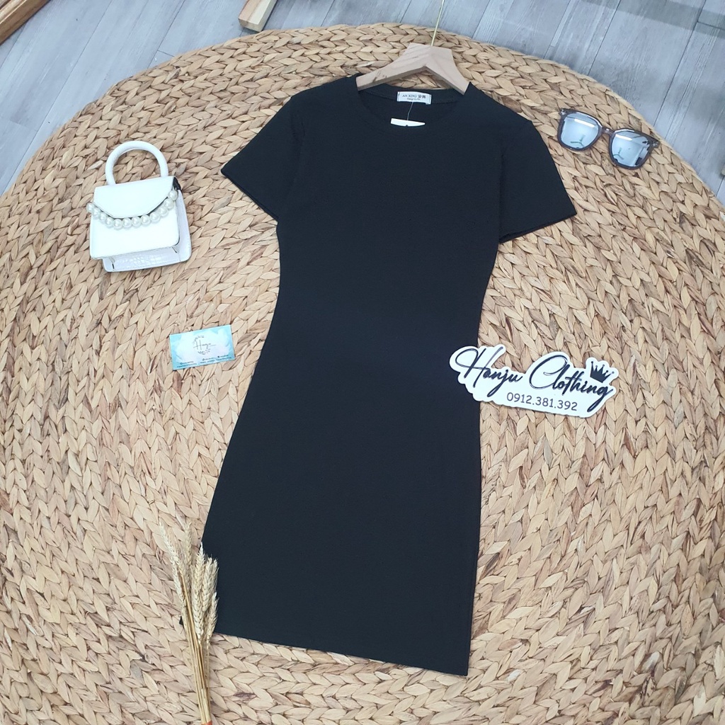 Đầm Váy Nữ Body Chất Thun Zip Co Dãn Dáng Ngắn Basic Cộc Tay Cổ Tròn - Hanju