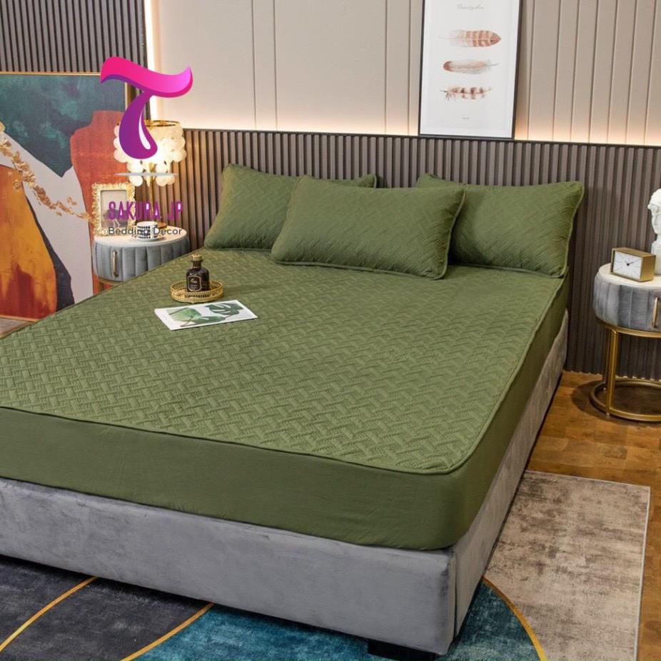 CHÍNH HÃNG-  Drap Cotton Chống Thấm Trần Bông  Muji Xanh Rêu  Ga Chống Thấm Cotton Sakura JP Bedding