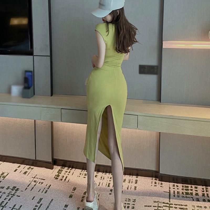 Đầm Nữ Cổ Tròn Màu Trơn Xẻ Tà Quyến Rũ Phong Cách Hàn Quốc