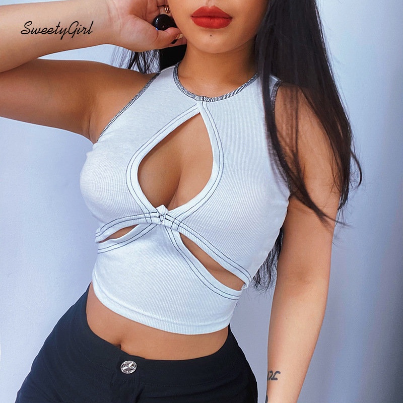 Áo Tank Top Cổ Tròn Màu Trắng Tương Phản Thời Trang 2022 Quyến Rũ Cho Nữ