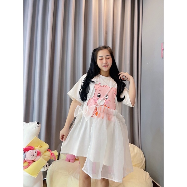 SET ĐI CHƠI - ĐẦM THUN CARE BEAR TRẮNG DÂY NƠ NGỌC - HB001