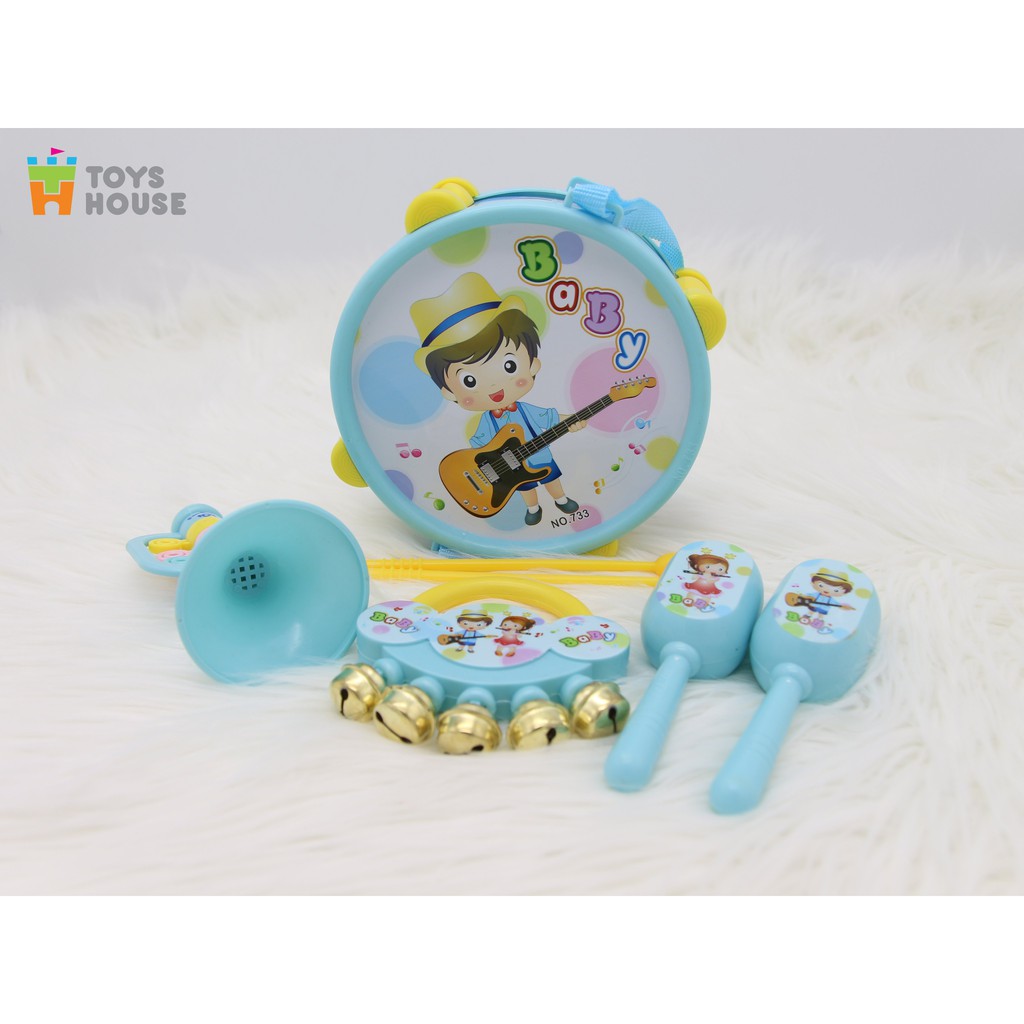 Set đồ chơi Xúc xắc, lục lạc, kèn, trống Toyshouse dành cho bé từ sơ sinh 733 - giúp bé phát triển thị giác, thính giác