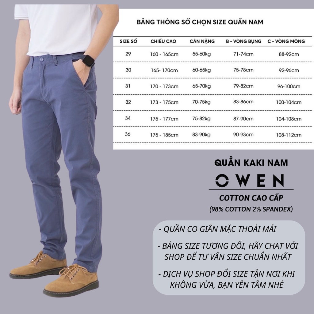 Quần kaki nam OWEN chuẩn hãng màu xám, chất kaki cotton dày dặn, cao cấp, co giãn, form đứng dáng slimfit nhẹ trẻ trung