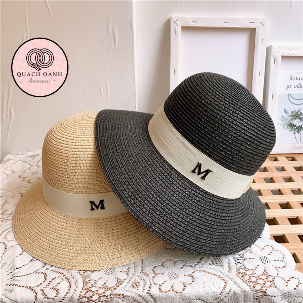 Mũ cói mềm, nón cói đi biển nữ vành rộng lượn đai chữ M phong cách vintage chống nắng – MU37