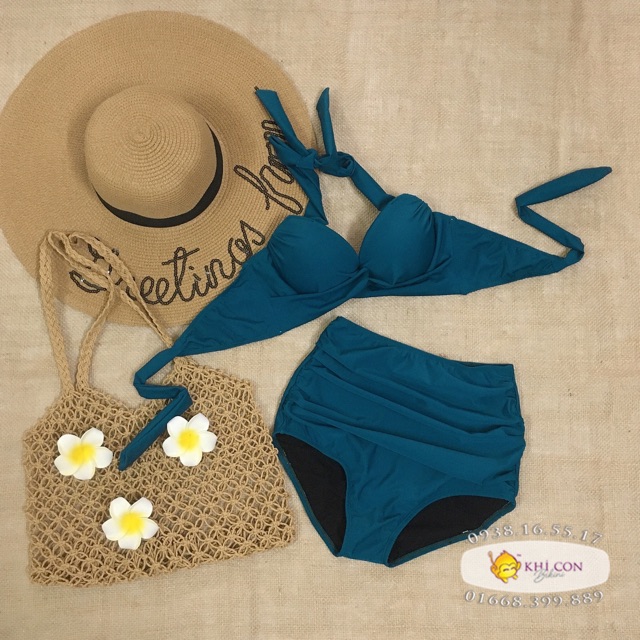 Bikini 2 mảnn nâng ngực áo gọng xoắn dây dày nâng ngực + quần nhún lưng cao giấu bụng (Hình chụp thật)