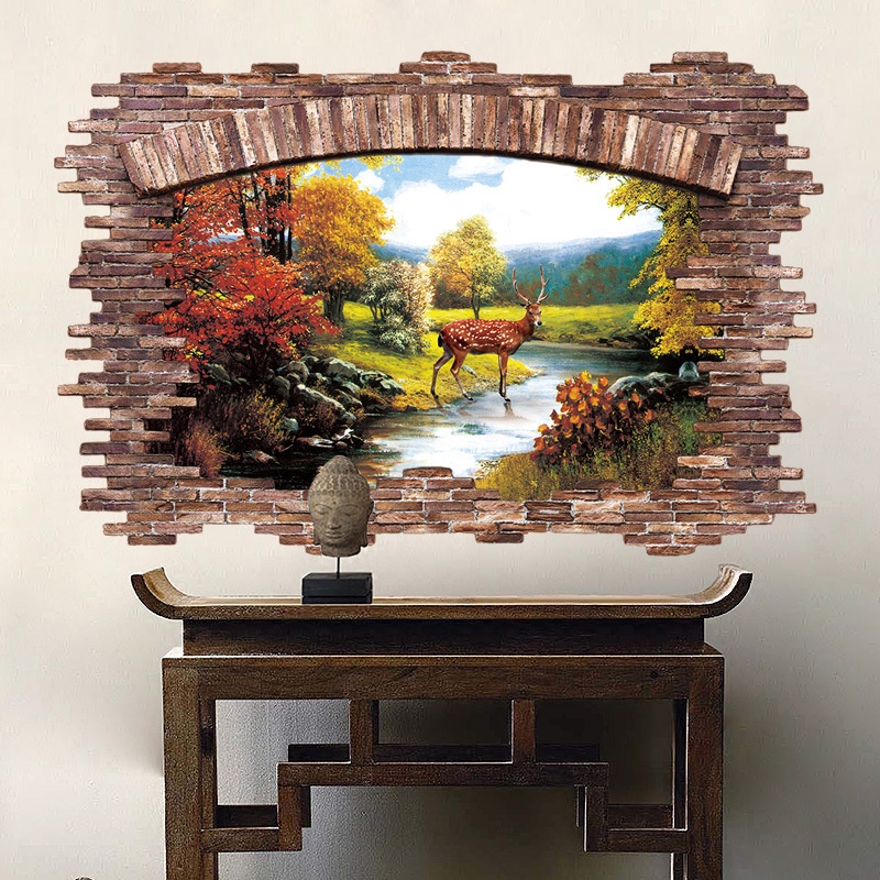 Decal tranh dán tường 3D trang trí nhà cửa - khu rừng và con hươu ( 60 x 90 cm)