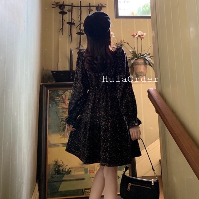 Váy Hoa Vintage Viền Bèo Vai Đầm Korea Chất Voan Lụa Hàn - Màu Trắng/Đen - Freesize - HULA