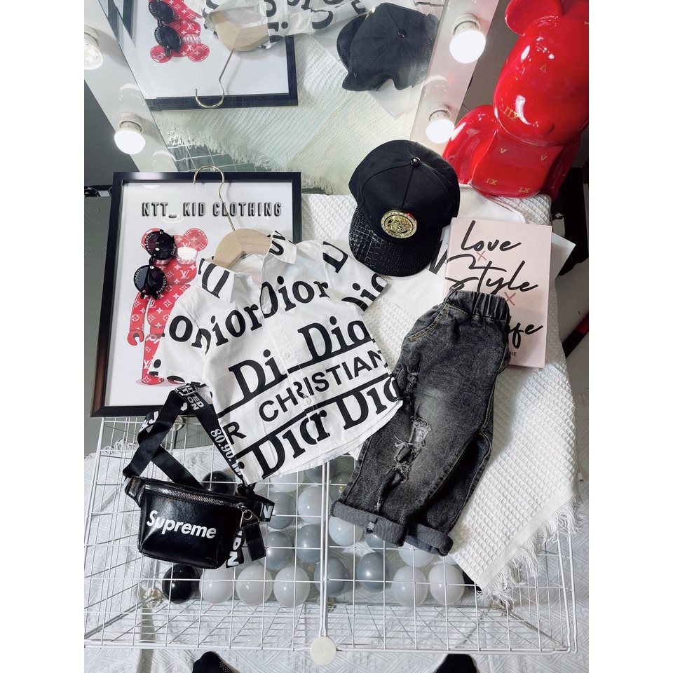 Set công tử với áo sơ mi và quần jean rách cho bé trai từ 12-26kg