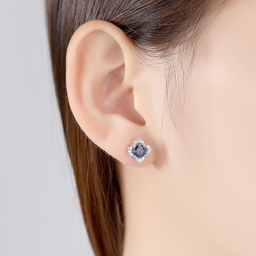 Khuyên Tai Bạc Nữ Hình Bông Hoa Bốn Cánh Đính Đá Xanh Đen Sang Trọng B2393-Bảo Ngọc Jewelry