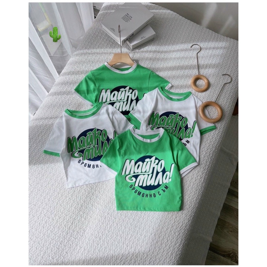 Áo thun borip cổ tròn tay ngắn ôm body in chữ MAUKO croptop phối màu trắng - xanh lá xu hướng thời trang hè cá tính PC