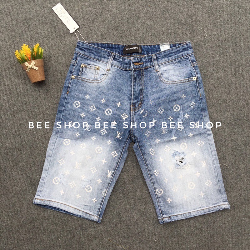 Quần bò ngố LV hoạ tiết, quần jean đùi nam, quần short bò - Bee Shop