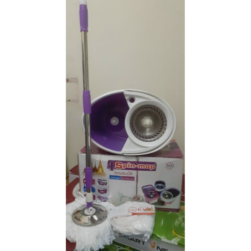 Bộ Lau nhà 360 Thái Lan 4Spin mop (SM02) xoay tay lồng vắt inox xoay nhẹ nhàng, gậy Gạt tiện lợi, Chậu nhựa PP