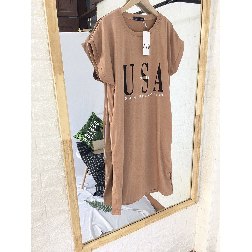 váy suông xẻ tà in chữ u..a..s chất cotton