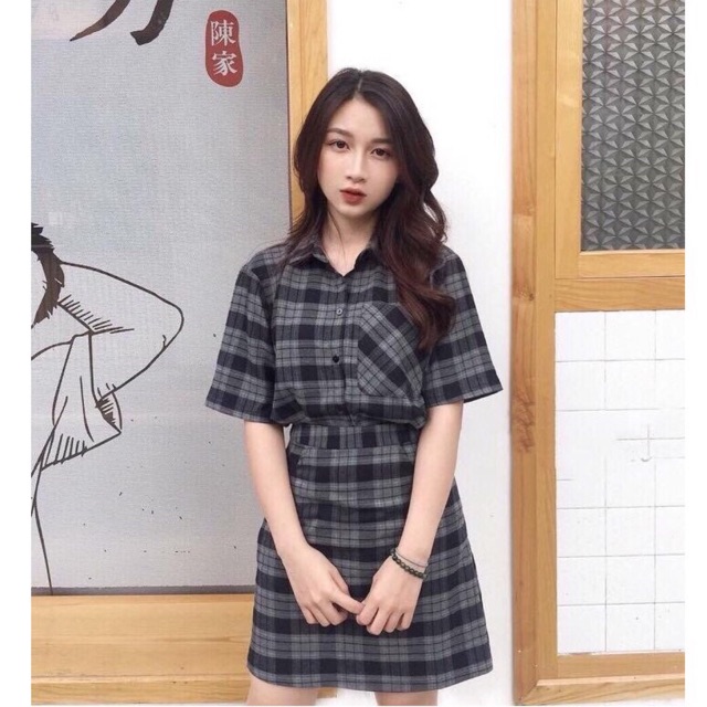 Set váy áo sơ mi công sở caro