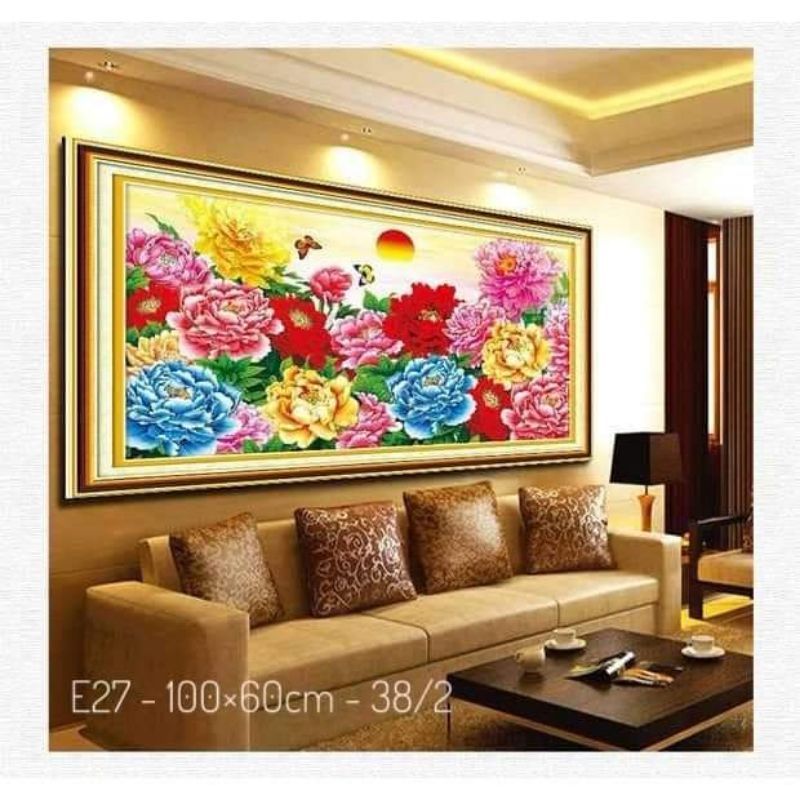 Tranh thêu chữ thập hoa mẫu đơn. Tranh thêu hoa mẫu đơn size từ 100cm trở xuống