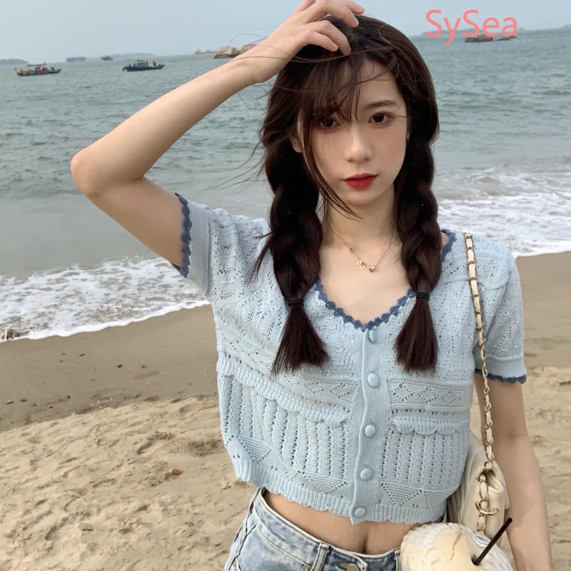 Áo dệt kim ngắn tay thời trang mùa hè nữ tính thanh lịch