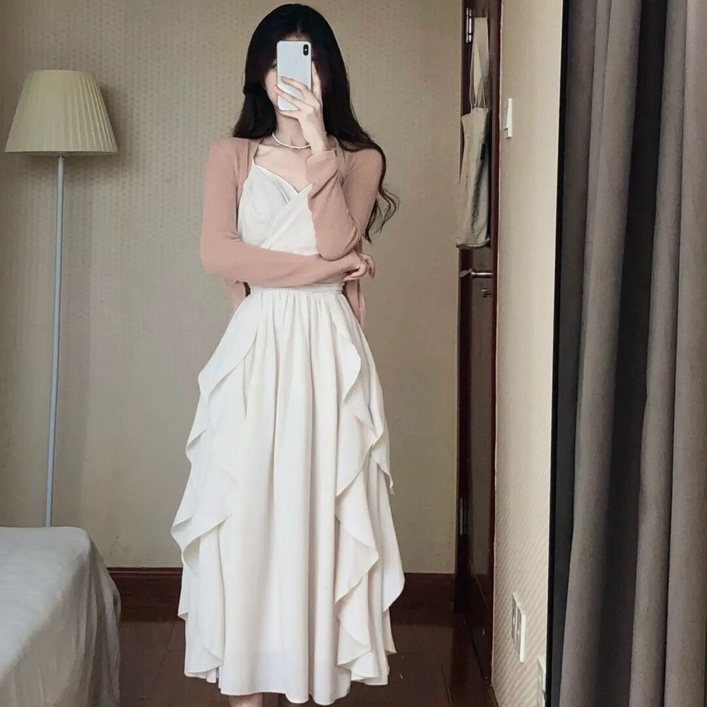 Bộ Áo Khoác Cardigan Chống Nắng Phối Đầm Hai Dây Phong Cách Hàn Quốc Thời Trang Mùa Hè 2023 Mới