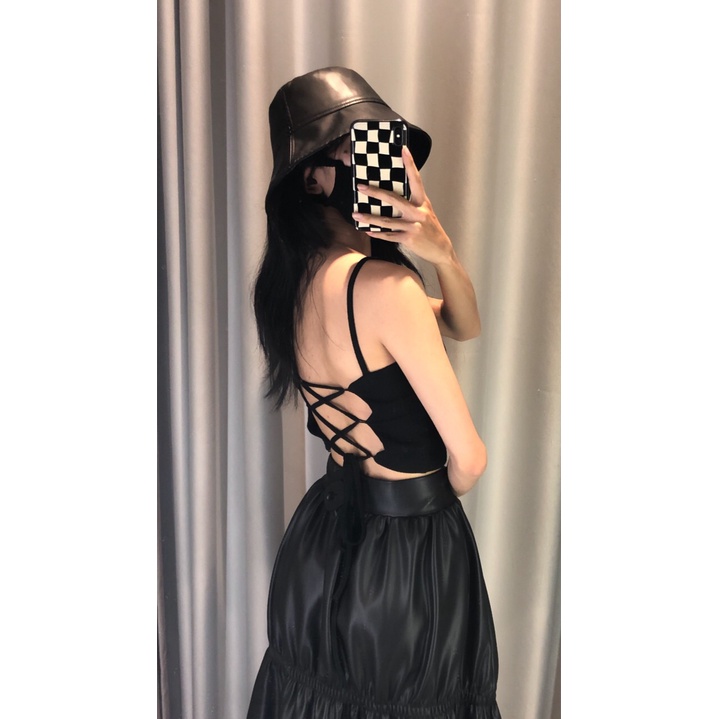 Chân váy da, xếp tầng, màu đen, là min - BLACK RUCHED LEATHER SKIRT