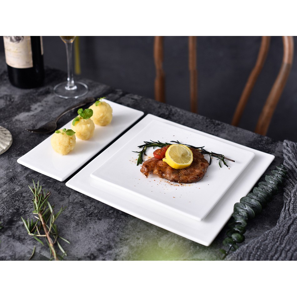 Đĩa sứ trắng tấm phẳng form vuông tròn chữ nhật bày salad, bit tết, brunch nhà hàng size 25cm và 20cm