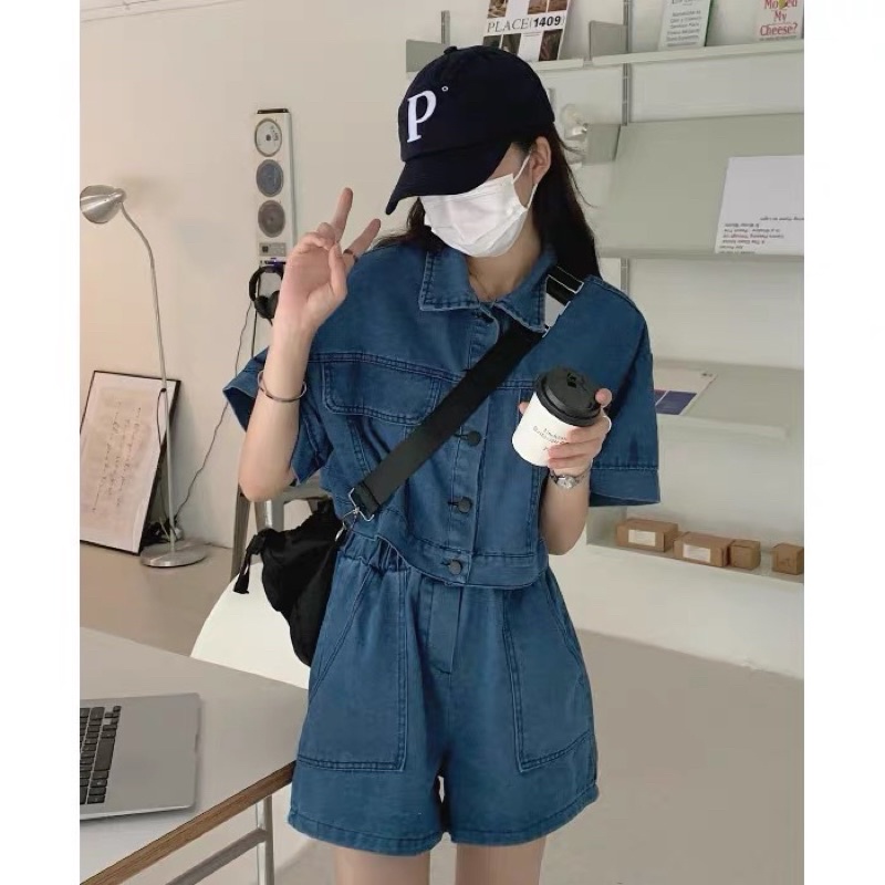SẴN | Set áo croptop denim ngắn tay + quần short