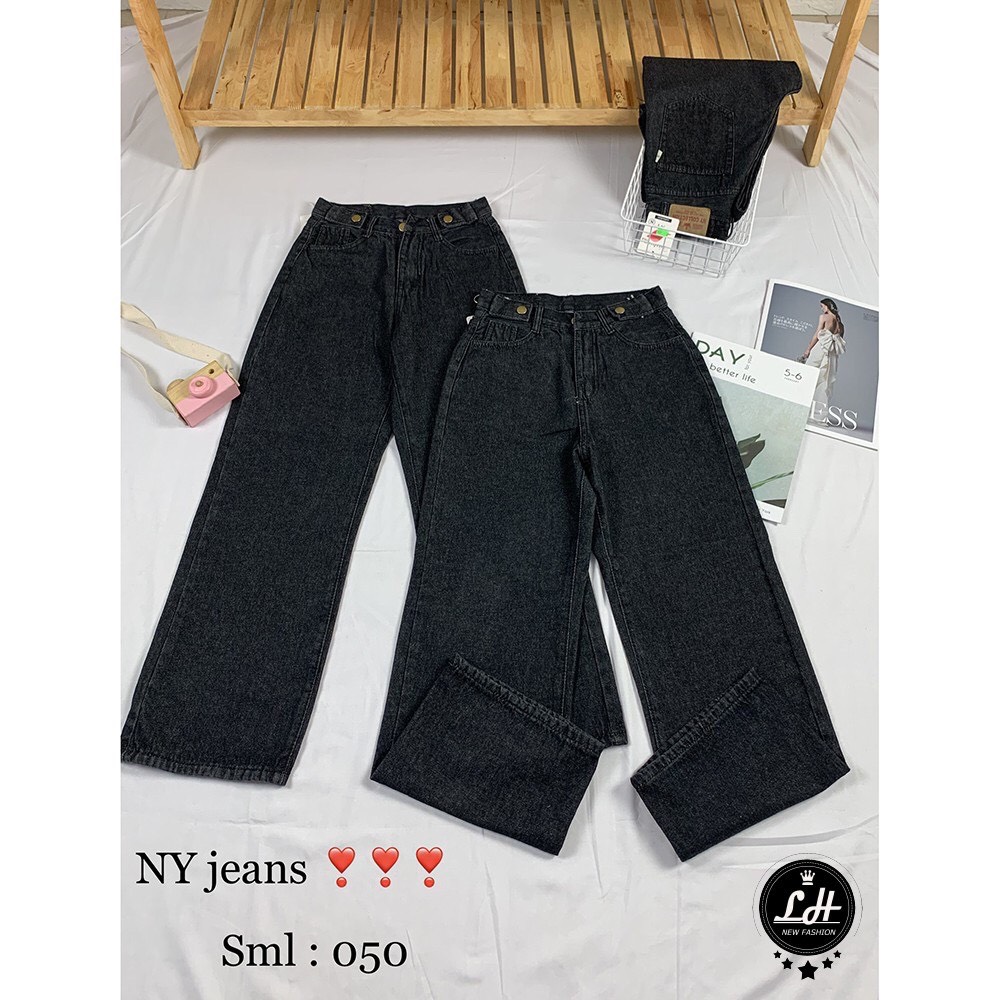 Quần jean ống rộng nữ bigsize Lê Huy Fashion lưng cao 2 nút màu xám đen kiểu khuyên lưng MS 503