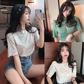 Áo Kiểu Tay Ngắn Cổ Tròn In Họa Tiết Hoa Phong Cách Retro Hong Kong Cho Nữ