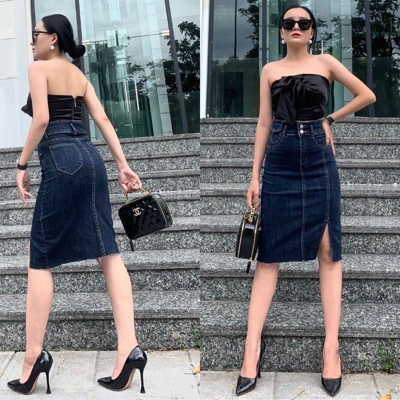 Chân váy jean dài Jeanny Jeans chữ a lưng cao co giãn 4 chiều chân váy bò nâng mông qua gối  188