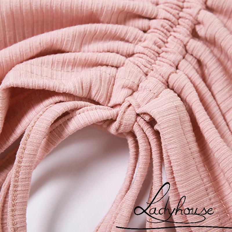 Áo Thun Crop Top Cổ Chữ V Tay Ngắn Dây Rút In Họa Tiết Chữ Dành Cho Nữ