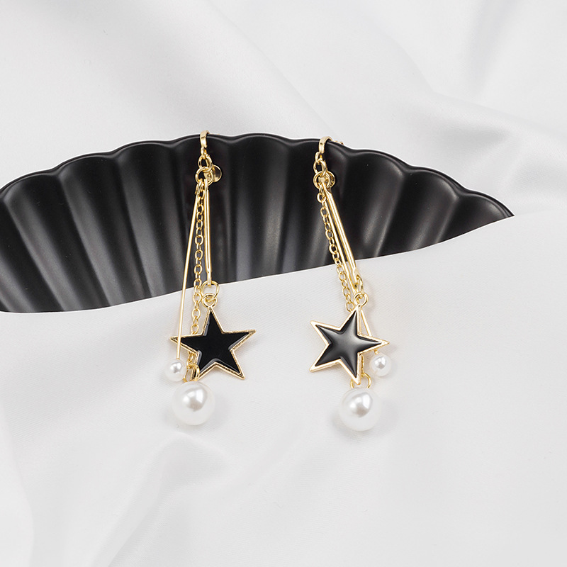 925 Korean fashion series long five petals pearl earrings tassu individual ear no pain ear clamps
