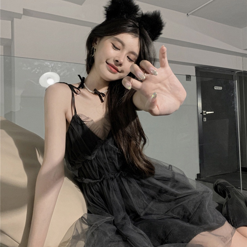 Brroa Đầm Hai Dây Phối Lưới Cổ Chữ V Khoét Sâu Phong Cách Gothic Quyến Rũ Cho Nữ