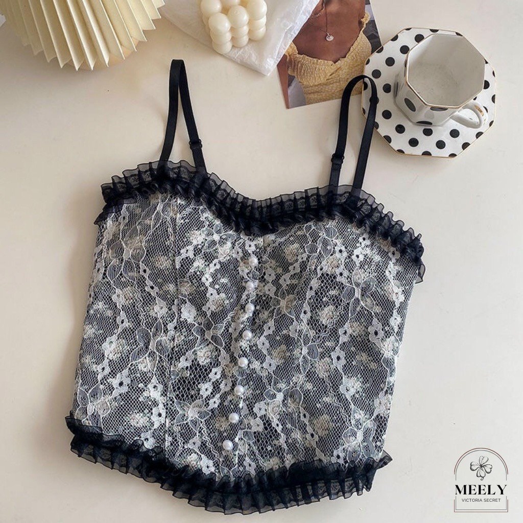Áo bra ren hoa nhí đính khuy, Áo hai dây mẫu mới croptop