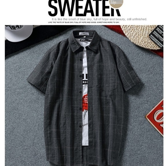 Áo khoác sơ mi tay ngắn dáng rộng họa tiết sọc caro thời trang cho nam