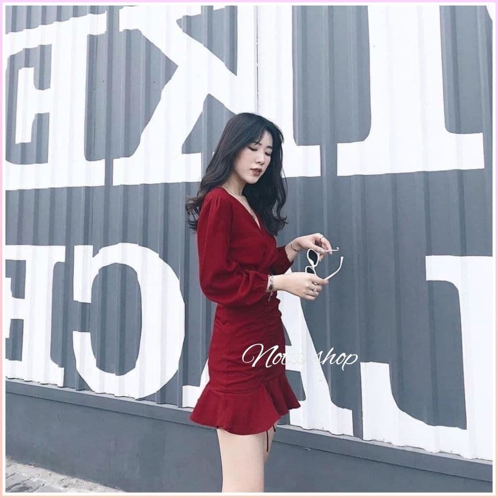 Đầm cổ V rút bên hông tà đuôi cá dễ thương, ĐẦM RÚT DÂY ĐUÔI CÁ
