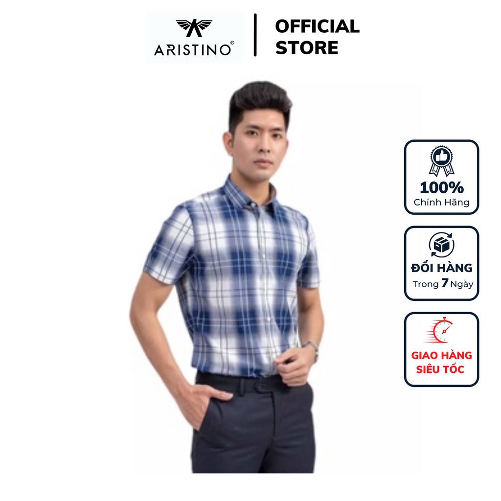 Áo sơ mi công sở nam tay ngắn Aristino màu xanh sọc caro trắng dáng slim fit vải sợi sồi cao cấp ASS004S9