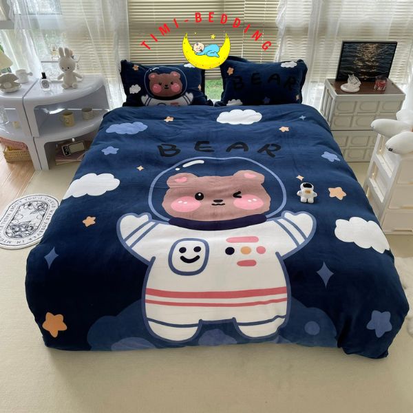 Chăn ga gối nỉ nhung 3D cao cấp hình con vật, hoạt hình cute, mềm mại và ấm áp - Timibedding