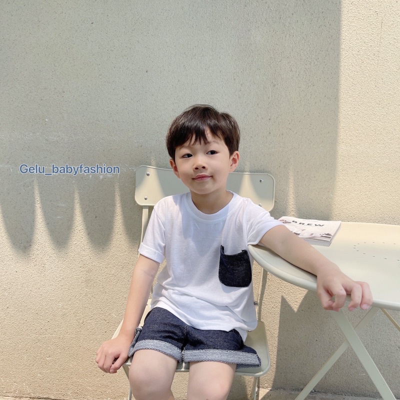 Bộ short cotton áo trắng đáp ngực bé trai-MS92