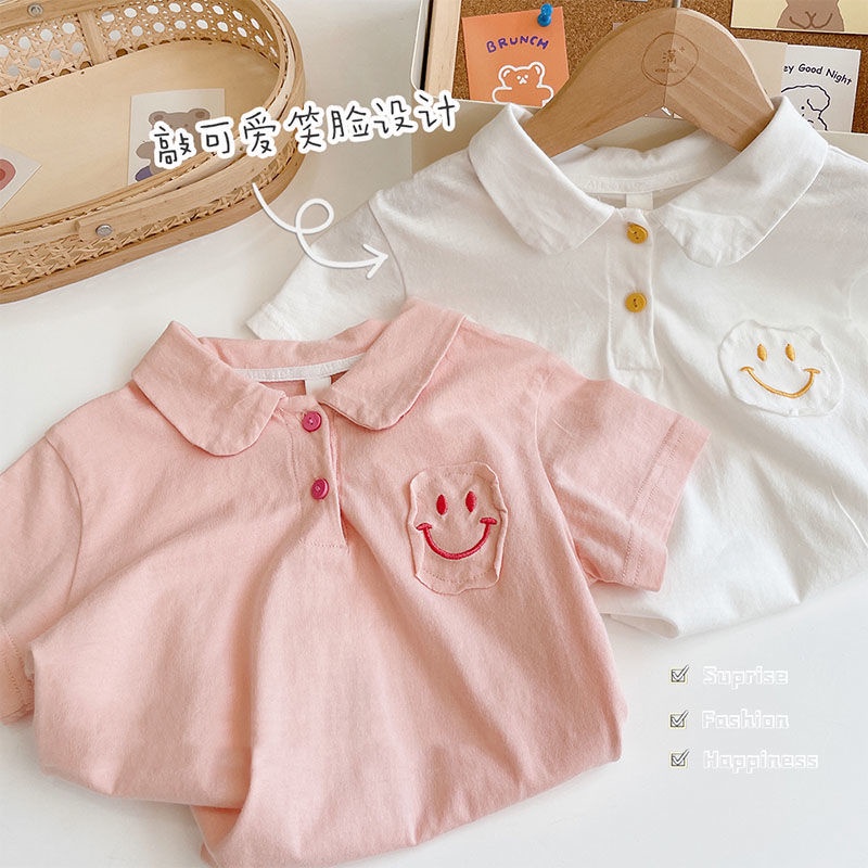[Babycat] Hàng Có Sẵn Áo Thun POLO Cotton Mỏng Tay Ngắn In Hình Mặt Cười Màu Trơn Phong Cách Nhật Bản Hàn Quốc Thời Trang Mùa Hè Dành Cho Bé Trai Bé Gái