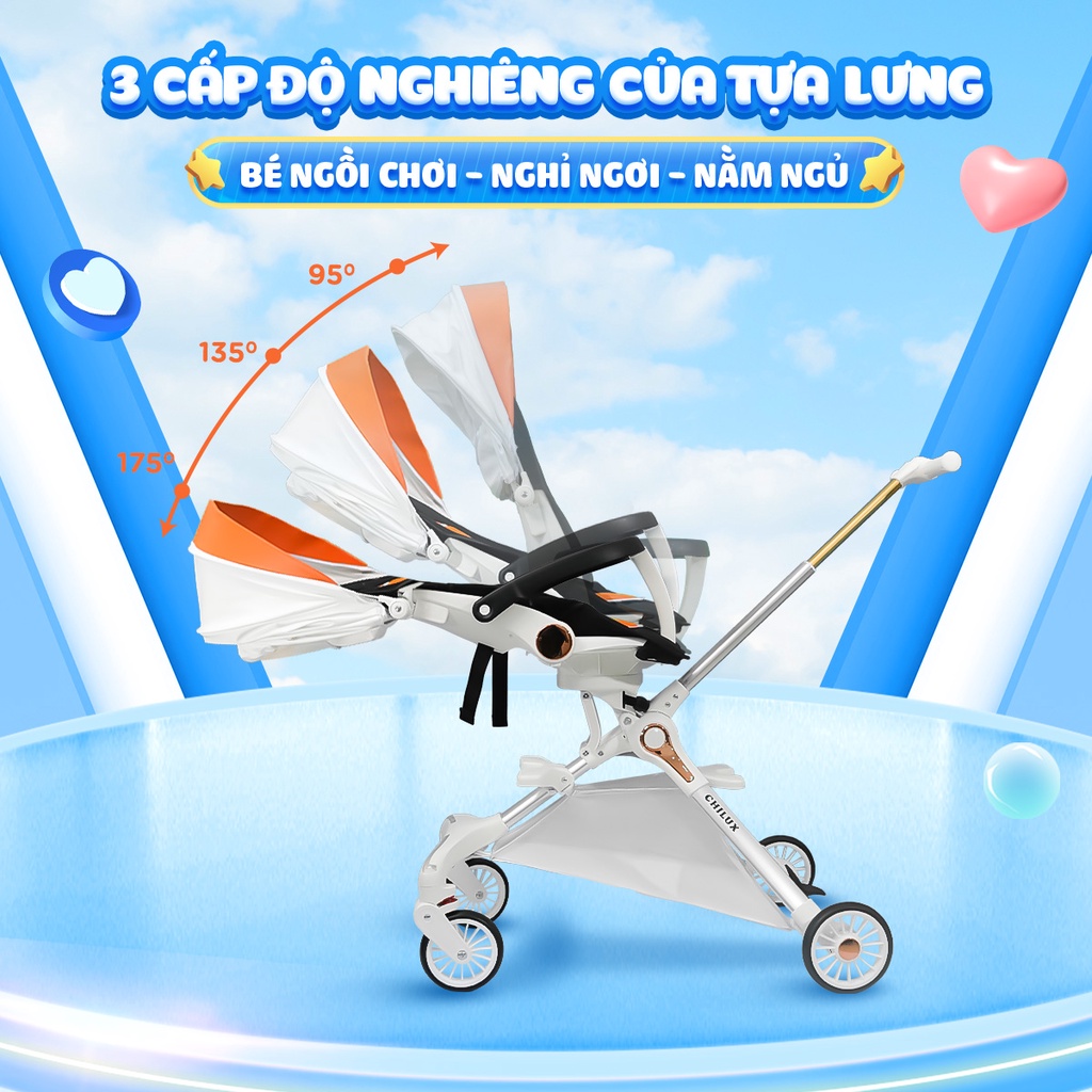 Xe đẩy gấp gọn cho em bé CHILUX M06 - Đèn xe phát sáng, chế độ giảm sốc. Xoay 360 độ