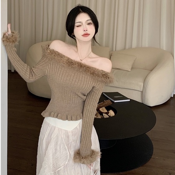 Áo Sweater Dệt Kim Tay Dài Dáng Ôm Co Giãn Phối Lông Vũ Phong Cách Hàn Quốc Thời Trang Quyến Rũ Cho Nữ