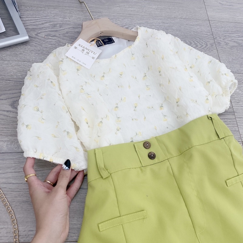 ✔ 𝗙𝗥𝗘𝗘 𝗦𝗛𝗜𝗣 SÉT ÁO HOA NỔI XANH CỐM MIX CÙNG CHÂN VÁY 2DA CÓ LỚP LÓT Ạ