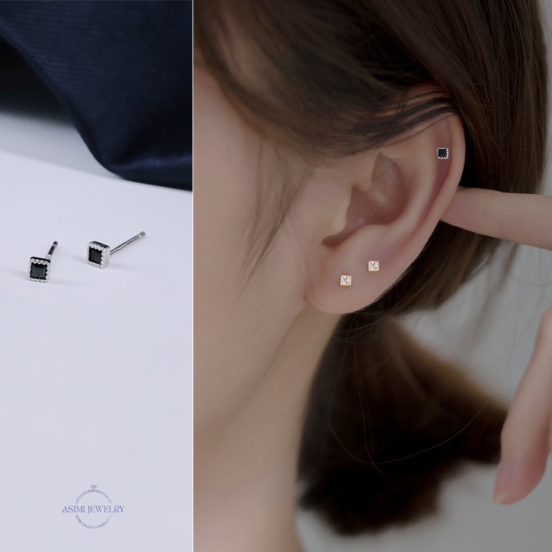 Đôi khuyên tai bạc Ý S925 đính đá Cz vuông Asimi, Bông tai hình búa mini cá tính Hammer Gem KT18