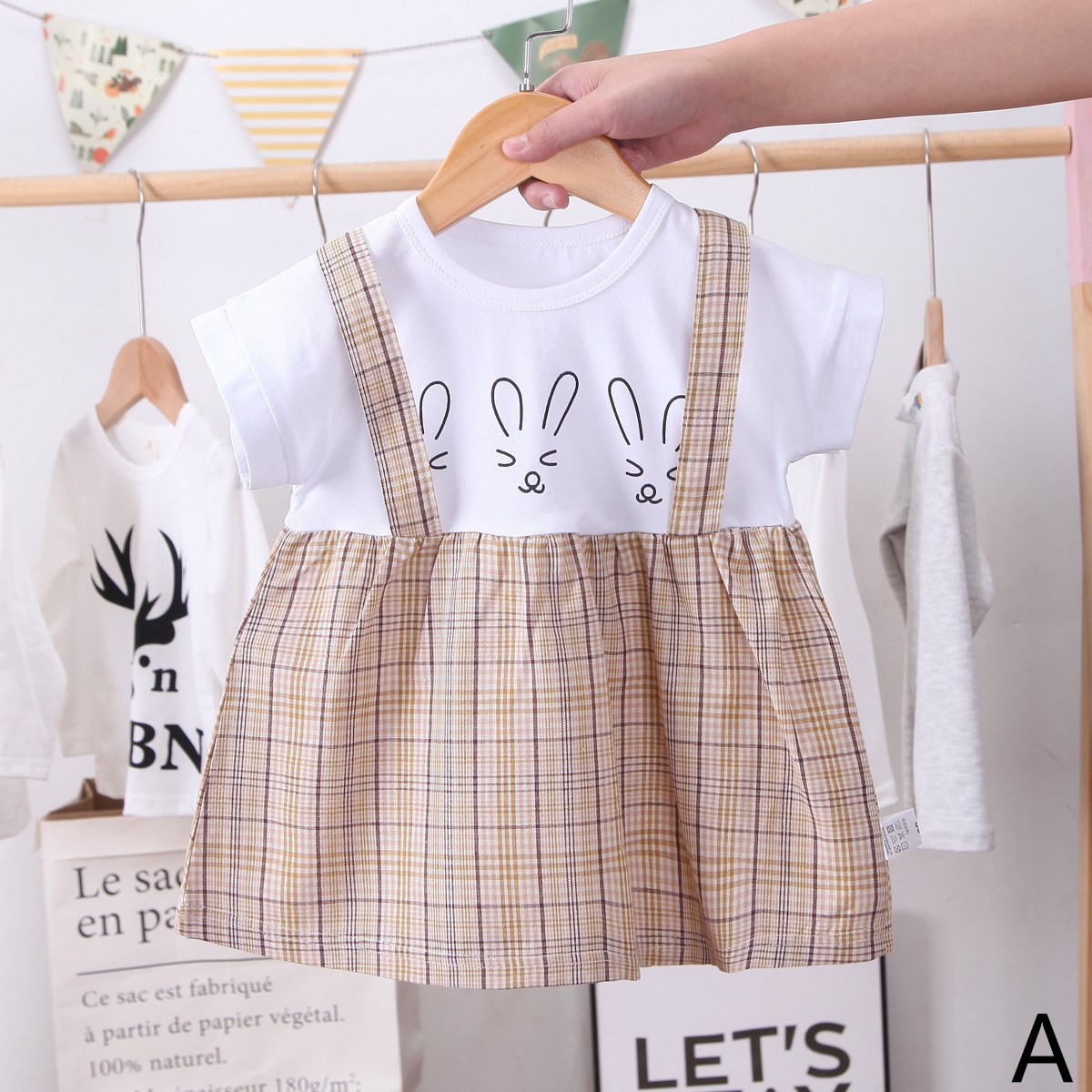 【TS】Dress Kids Girls Clothes Simple Casual Korean Style Cute Print Of Three Rabbits Leisure Squares Newarrival Skirt