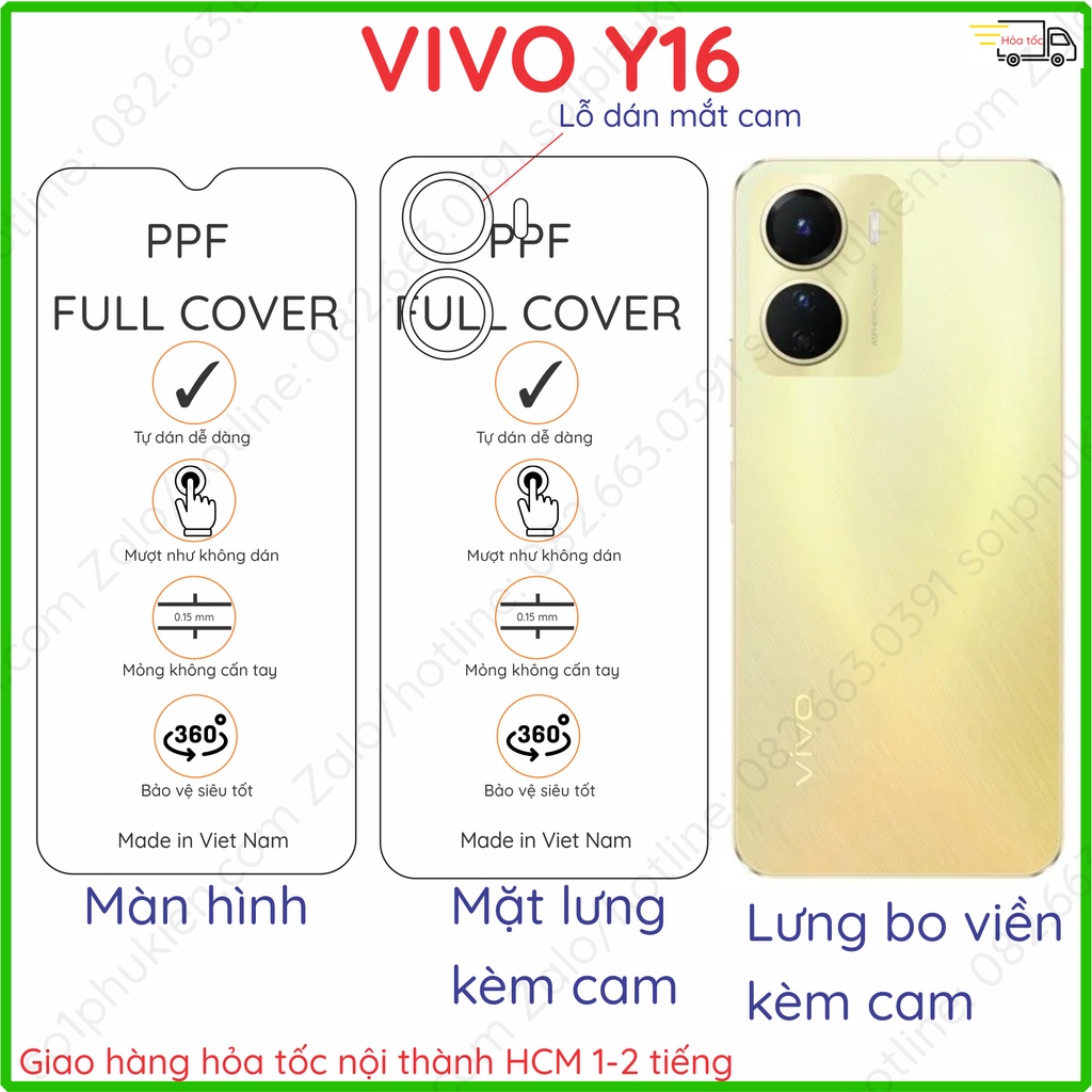 Dán PPF Vivo Y16 / Y02S / Y01 loại trong, nhám dành cho màn hình, mặt lưng, full viền