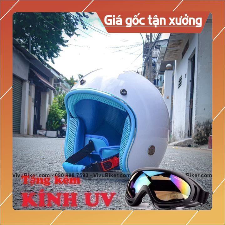 [Giống ảnh] COMBO nón bảo hiểm 3/4 trắng lót nâu tặng kèm kính UV cao cấp - Mũ bảo hiểm 3/4 nhiều màu đi phượt kèm kính