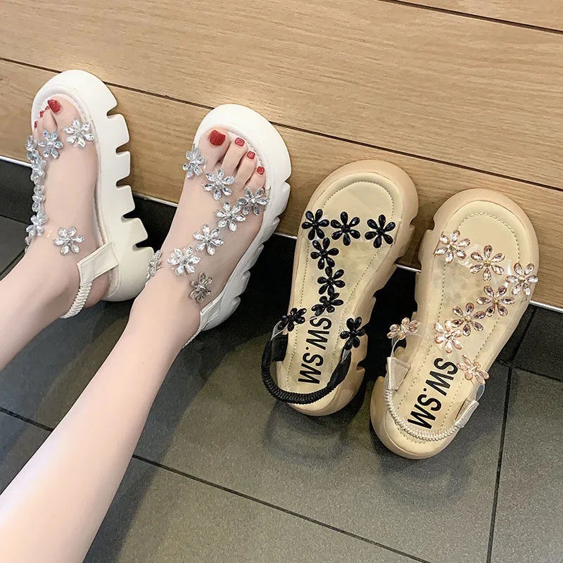 Giày Sandal Đế Dày Tăng Chiều Cao Trong Suốt Đính Hoa Thời Trang Đi Biển Mùa Hè
