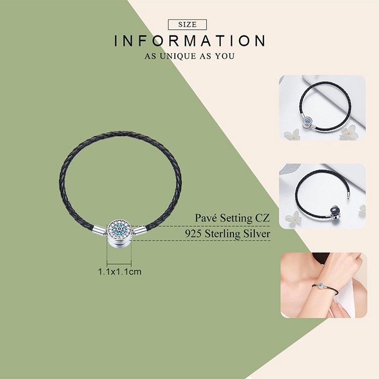 Vòng đeo tay BAMOER bạc 925 dây da bện đính đá zircon mặt mắt quỷ thời trang