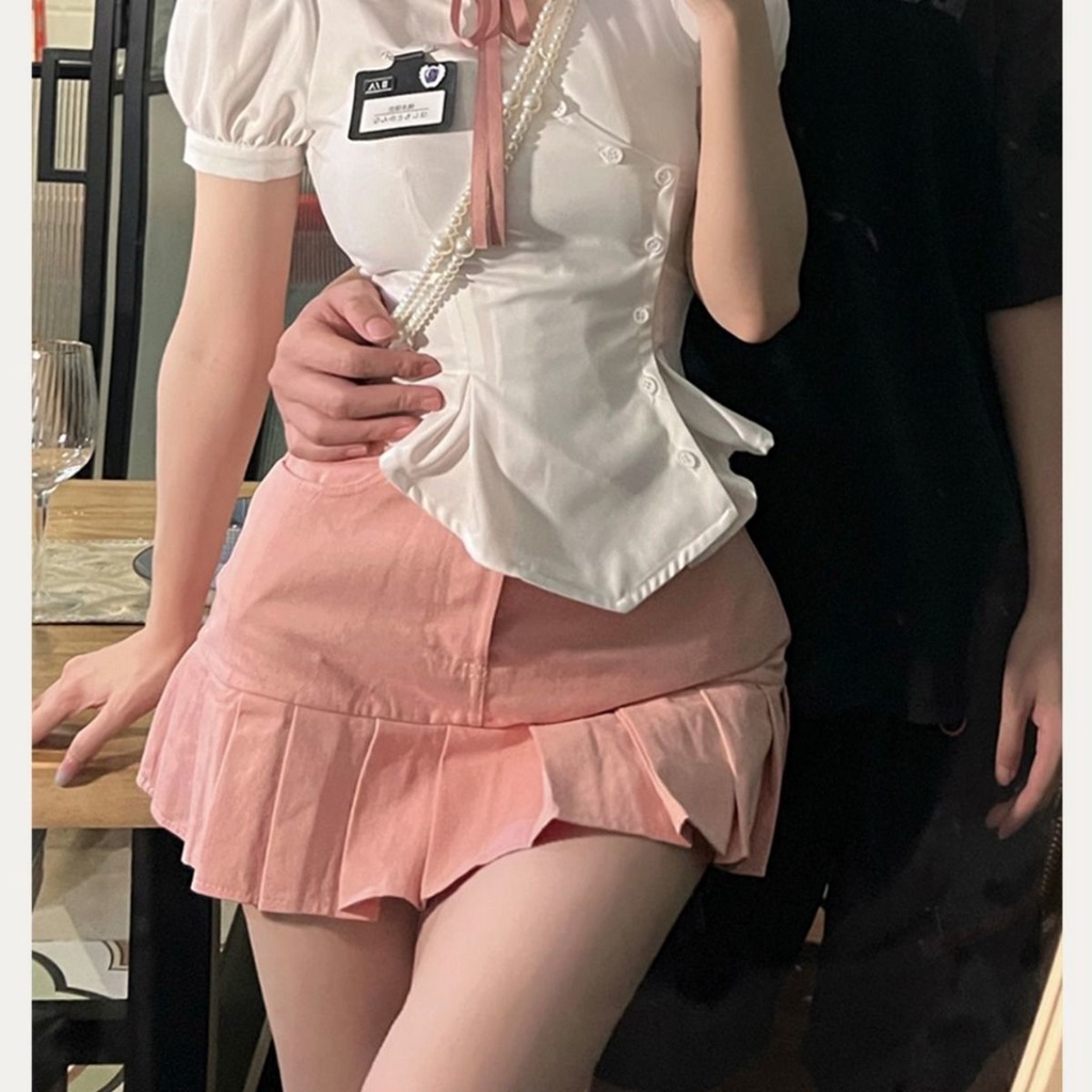 Korean JK uniform popular love sexy waist cut-out shirt + high waist pleated skirt half skirt suit women's summer