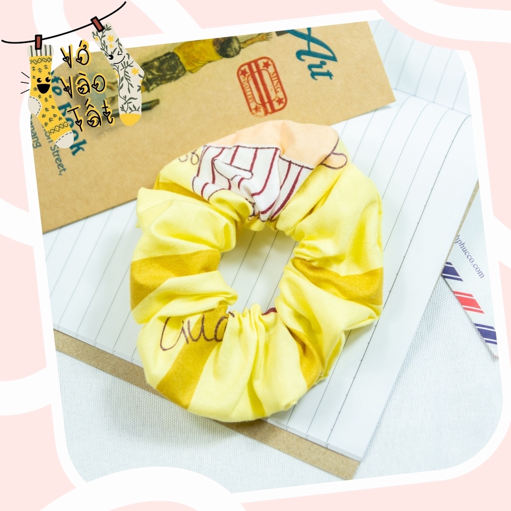 Buộc tóc scrunchies vải đũi trơn họa tiết thú hoạt hình dễ thương